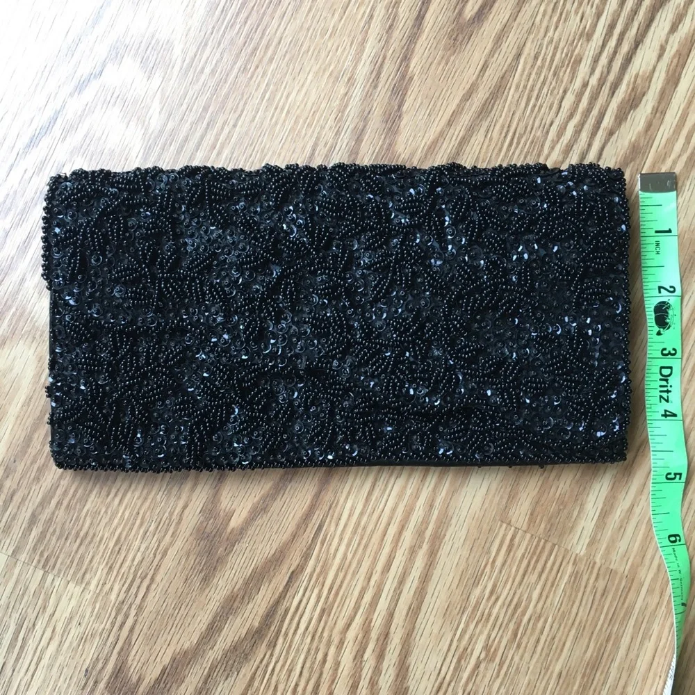 La Regale Ltd VINTAGE Black‎ Satin Hand beaded Evening Formal Clutch Bag Purse